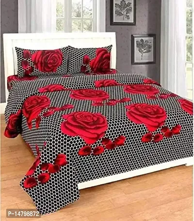Neekshaa 3D Polycotton Double Bed bedsheet with Two Pillow Cover_Size-88 * 88 inch (Black and Red Flower Design)-thumb0