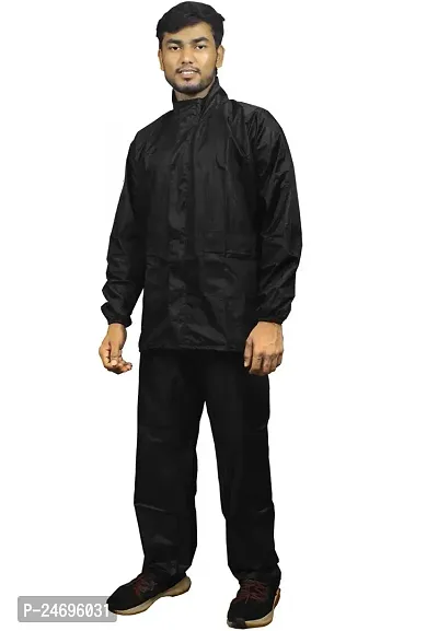 Neekshaa Men Rainwear Men Raincoat Set Coat with Pant Waterproof with Adjustable Hood Rainsuit Size-XXL (Black)-thumb2