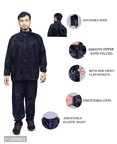 Neekshaa Men Rainwear Men Raincoat Set Coat with Pant Waterproof with Adjustable Hood Rainsuit Size-M (Blue)-thumb3