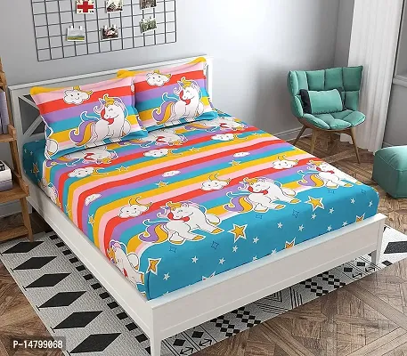 Neekshaa 230 TC Kids Printed Cotton Double Bed Bedsheet with Two Pillow Covers_Size-90*90 inch (Unicorn Design)