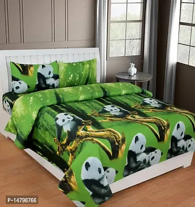 Neekshaa 3D Polycotton Double Bed bedsheet with Two Pillow Cover_Size-88 * 88 inch (Green Panda Design)-thumb0