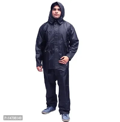 100 Per Waterproof Nylon Zipper Raincoat With Jacket Hood And Pant With Pockets For Men And Women Black Blue