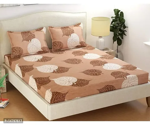 Neekshaa Glace Cotton Elastic Fitted Double Printed Bedsheet with Two Pillow Covers_Size-72x78+8 inches (Brown Leaf Design)