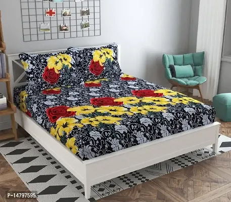 Neekshaa 3D Polycotton Double Bed Bedsheet with Two Pillow Covers_Size-90 * 90 inch (Black Yellow Flower Design)