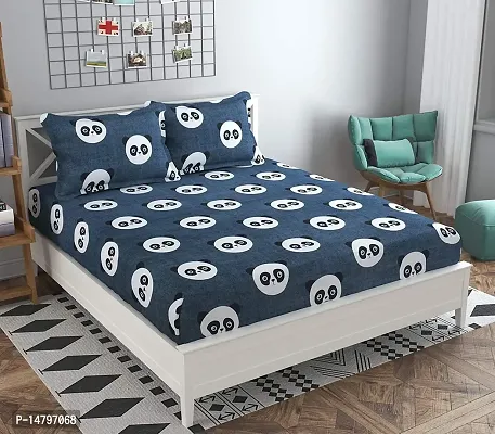 Neekshaa Kids Printed Glace Cotton Elastic Fitted Double Bedsheet with Two Pillow Covers_Size-72x78+8 inches (Panda Design)