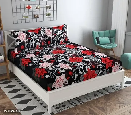 Neekshaa 3D Polycotton Double Bed Bedsheet with Two Pillow Covers_Size-90 * 90 inch (Red  White Flower Design)