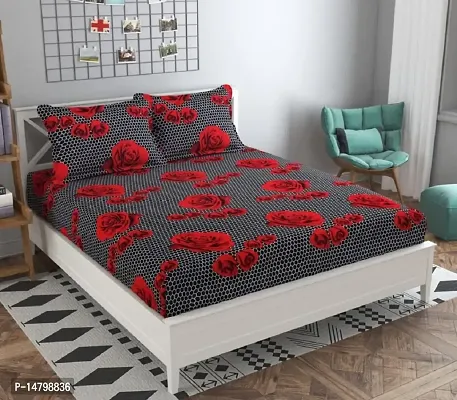 Neekshaa 3D Polycotton Double Bed Bedsheet with Two Pillow Covers_Size-90 * 90 inch (Black and Red Flower Design)