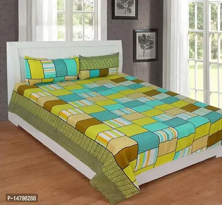 Neekshaa 3D Polycotton Double Bed bedsheet with Two Pillow Cover_Size-90 * 90 inch (Green Check Design)