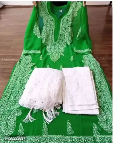 Stylish Green Cotton Blend Kurta And Pant With Dupatta Set For Women