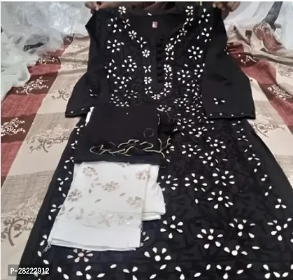 Stylish Black Cotton Kurta And Pant With Dupatta Set For Women