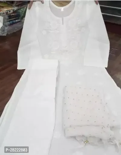 Stylish White Cotton Kurta And Pant With Dupatta Set For Women-thumb0