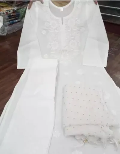 Stylish Cotton Embroidered Kurti Bottom Dupatta Set