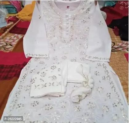 Stylish White Cotton Kurta And Pant With Dupatta Set For Women