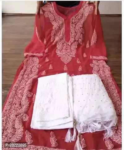 Stylish Red Cotton Blend Kurta And Pant With Dupatta Set For Women