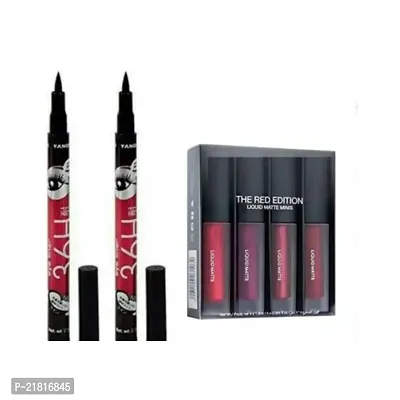 Red Edition Liquid Matte Minis Lipstick, 6 ml with 2Pcs 36H Waterproof Eyeliner-thumb0