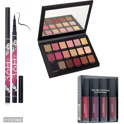 Rosegold Eyeshadow Palette and 1 36H Eyeliner Black and 4Pcs Liquid Matte Mini Lipstick Red Edition