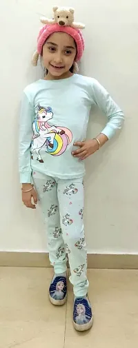 Trisav Hosiery Cotton Full Sleeves Night Suit/ Pajama Set for Girls and Boys. (2-3 Years, SEa Green(Unicorn))-thumb1