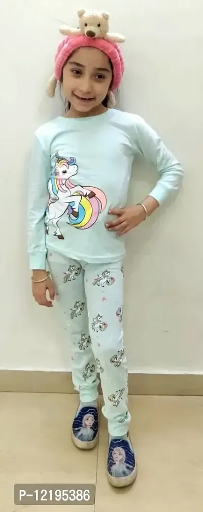 Trisav Hosiery Cotton Full Sleeves Night Suit/ Pajama Set for Girls and Boys. (2-3 Years, SEa Green(Unicorn))-thumb2