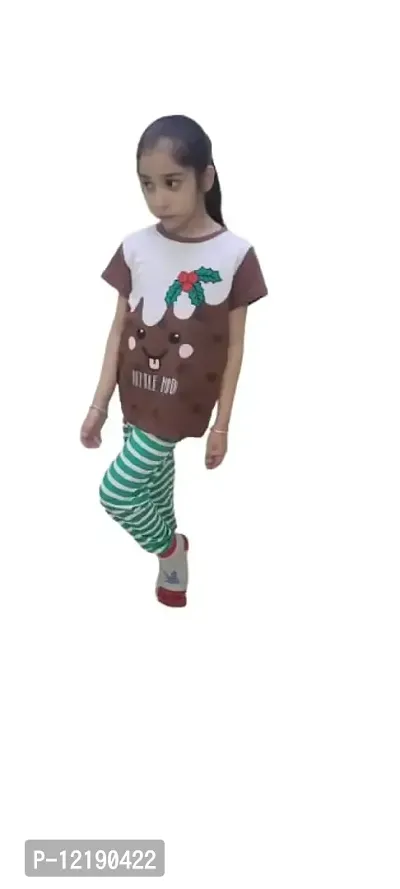 Trisav Mistletoe Design Cotton Half Sleeves Night Suit/ Pajama Set for Girls and Boys.Brown in Color