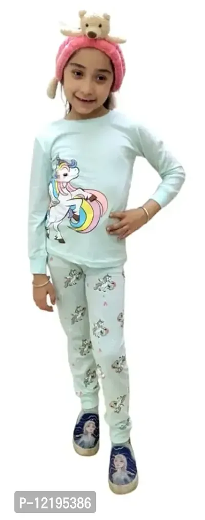 Trisav Hosiery Cotton Full Sleeves Night Suit/ Pajama Set for Girls and Boys. (2-3 Years, SEa Green(Unicorn))-thumb0