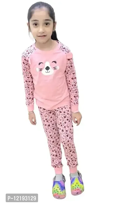 Trisav Hosiery Cotton Full Sleeves Night Suit/ Pajama Set for Girls and Boys. (5-6 Years, Peachish Pink(cat))-thumb0