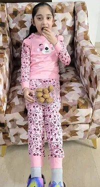 Trisav Hosiery Cotton Full Sleeves Night Suit/ Pajama Set for Girls and Boys. (5-6 Years, Peachish Pink(cat))-thumb3