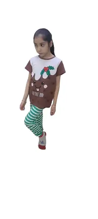 Trisav Mistletoe Design Half Sleeves Night Suit/ Pajama Set for Girls and Boys.Brown in Color