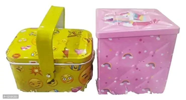 Trisav Steel Kids Tin or Storage Box with Beautiful Unicorn Smiley Print Store Accessories (Set of 2) (Yellow and Pink)