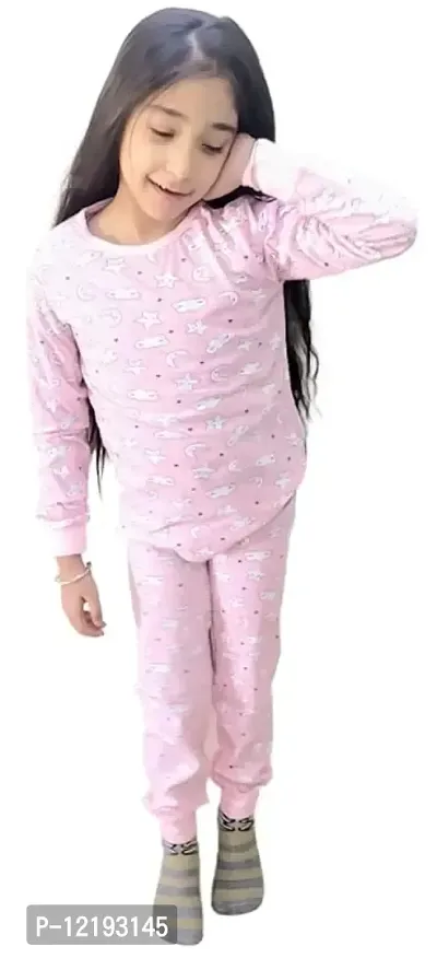Trisav Hosiery Cotton Full Sleeves Night Suit/ Pajama Set for Girls and Boys. (3-4 Years, Pink(Star,Moon and Clouds))-thumb0