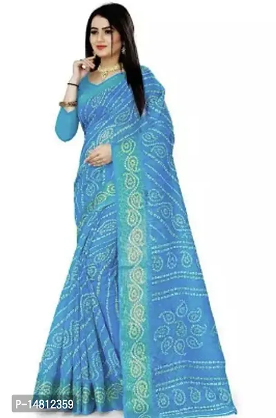 Stylish Cotton Sky Blue Bandhani Saree With Blouse Piece For Women