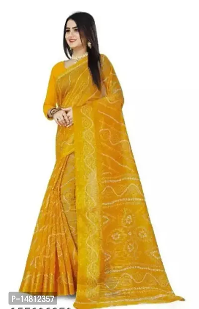 Stylish Cotton Yellow Bandhani Saree With Blouse Piece For Women-thumb0