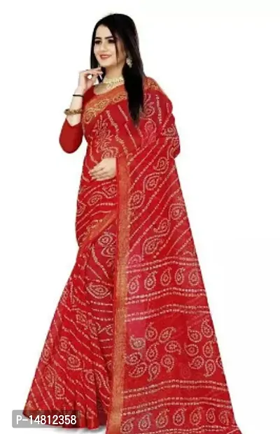 Stylish Cotton Red Bandhani Saree With Blouse Piece For Women-thumb0