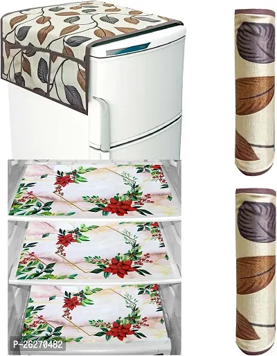 Refrigerator Cover And Mat Combo - 1 Top Cover, 2 Handle Covers And 3 Fridge Inside Shelf Mats