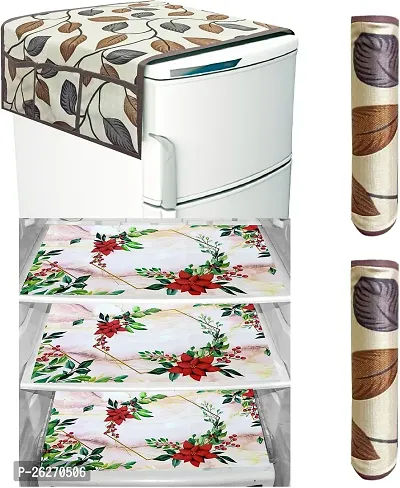 Refrigerator Cover And Mat Combo - 1 Top Cover, 2 Handle Covers And 3 Fridge Inside Shelf Mats