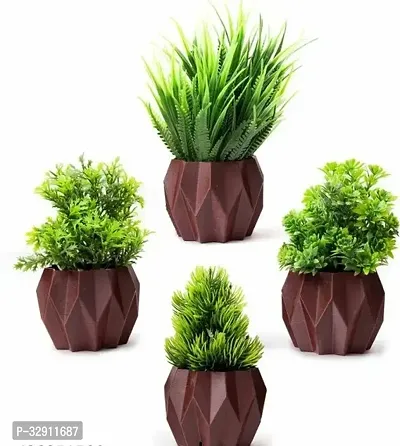 Set of 4 Decorative Brown Pot With Artificial Plant for Gifting and Decoration