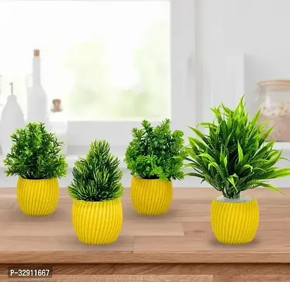 Decorative Set Of 4 Artificial Plant with Yellow Pot for Home Decor and Gifting ! Bonsai Wild Artificial Plant with Pot 17 cm Yellow  JJ Plastic-thumb0