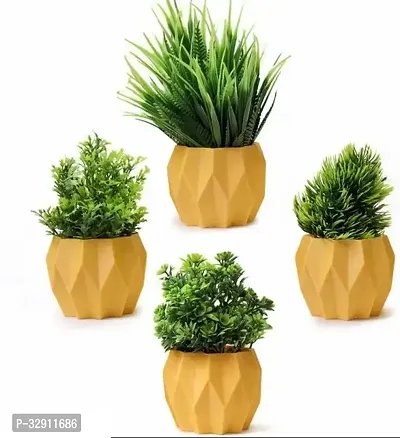 Set of 4 Decorative Yellow Pot With Artificial Plant for Gifting and Decoration-thumb0