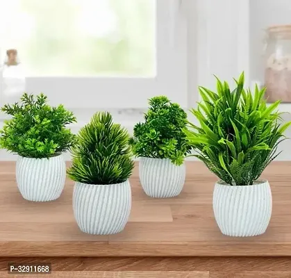 Decorative Set Of 4 Artificial Plant with White Pot for Home Decor and Gifting ! Bonsai Wild Artificial Plant with Pot 17 cm White  JJ Plastic-thumb0