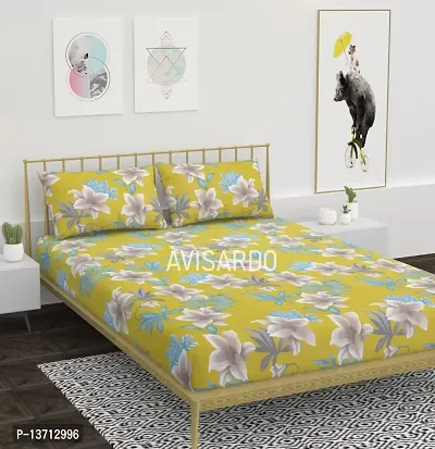 AVISARDO Printed 200 TC Elastic bedsheet King Size Double bedsheets with 2 Pillow Cover- 72*78*8 Inch, Green Damask