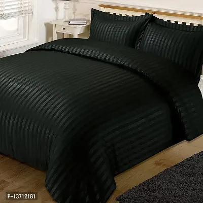 DECOREZA Home 320 TC Glace Cotton Satin Stripes Plain Bedsheet for 1 Double Bed with 2 Pillow Covers Home| Hotels| Guest House| | PGHouse| ((Satin Dark Jet Black), Striped Patti Double)-thumb2