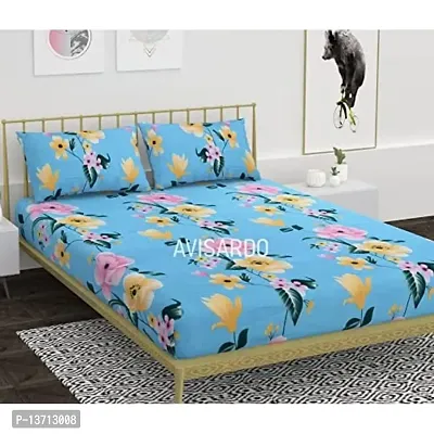 AVISARDO Printed 200 TC Elastic bedsheet King Size Double bedsheets with 2 Pillow Cover- 72*78*8 Inch, Blue Flower-thumb2