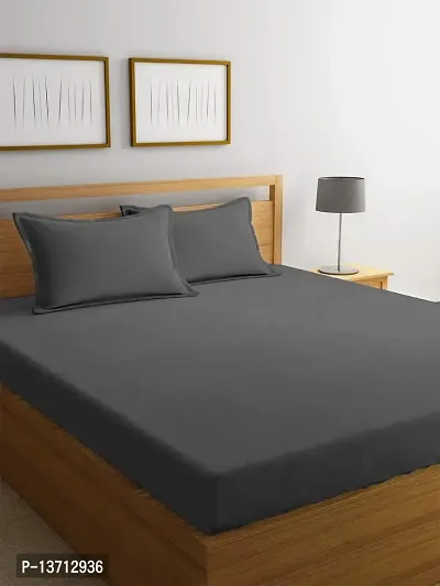 Hertelle Solid Color 250 TC 100% Glace Cotton Plain Double Bedsheet with 2 Pillow Covers (Dark Grey, Double Bed)-thumb0