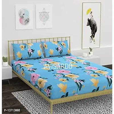 AVISARDO Printed 200 TC Elastic bedsheet King Size Double bedsheets with 2 Pillow Cover- 72*78*8 Inch, Blue Flower