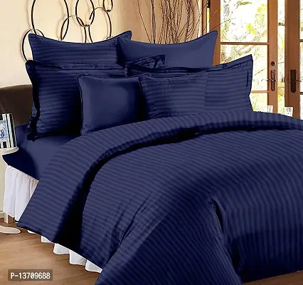 DECOREZA Home 320 TC Glace Cotton Satin Stripes Plain Bedsheet for 1 Double Bed with 2 Pillow Covers Home| Hotels| Guest House| | PGHouse| ((Satin Navy Blue), Striped Patti Double)-thumb3