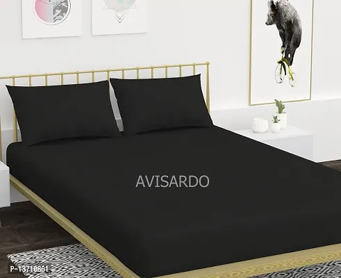 AVISARDO Glace Cotton 200TC Elastic Fitted Solid Double Bed Bedsheets with 2 Pillow Cover - King Size 78 x 72, (Black)-thumb2