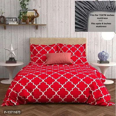 Decoreza Best Fitted with Elastic Bedsheet Platinum Printed Bedsheets Double King Size Bedsheets with 2 Pillow Covers Glace Cotton bedsheet by |DECOREZA|72 X 78 - (Red)-thumb0