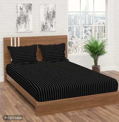 Avisardo Satin Stripes 300TC Plain Elastic bedsheet King Size Double Bed with Pillow Covers Size 78x72x8 Inchs- Black
