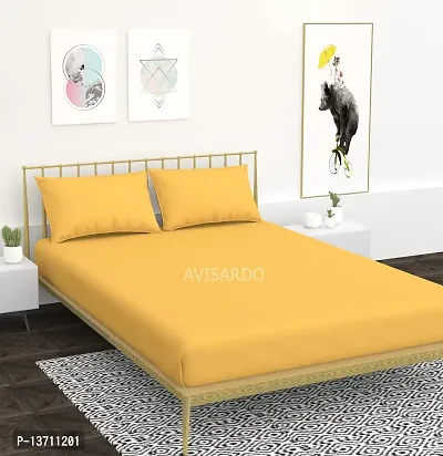 AVISARDO 200TC Solid Color Elastic bedsheet King Size Double Bed with 2 Pillow Cover -Size 72*78*8 Inches, Yellow