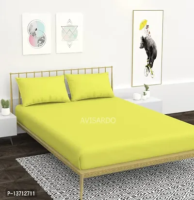 AVISARDO 200TC Solid Color Elastic bedsheet King Size Double Bed with 2 Pillow Cover -Size 72*78*8 Inches, Neon