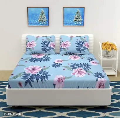 AVISARDO Printed 200 TC Elastic Fitted Printed Double Bed Bedsheets with 2 Pillow Cover- Blue Flower-thumb0